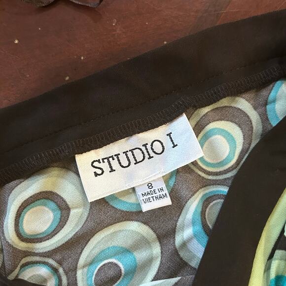 Studio I Dress Womens 8 Green Geometric Print Short Cap Sleeve Career Casual - Picture 5 of 7